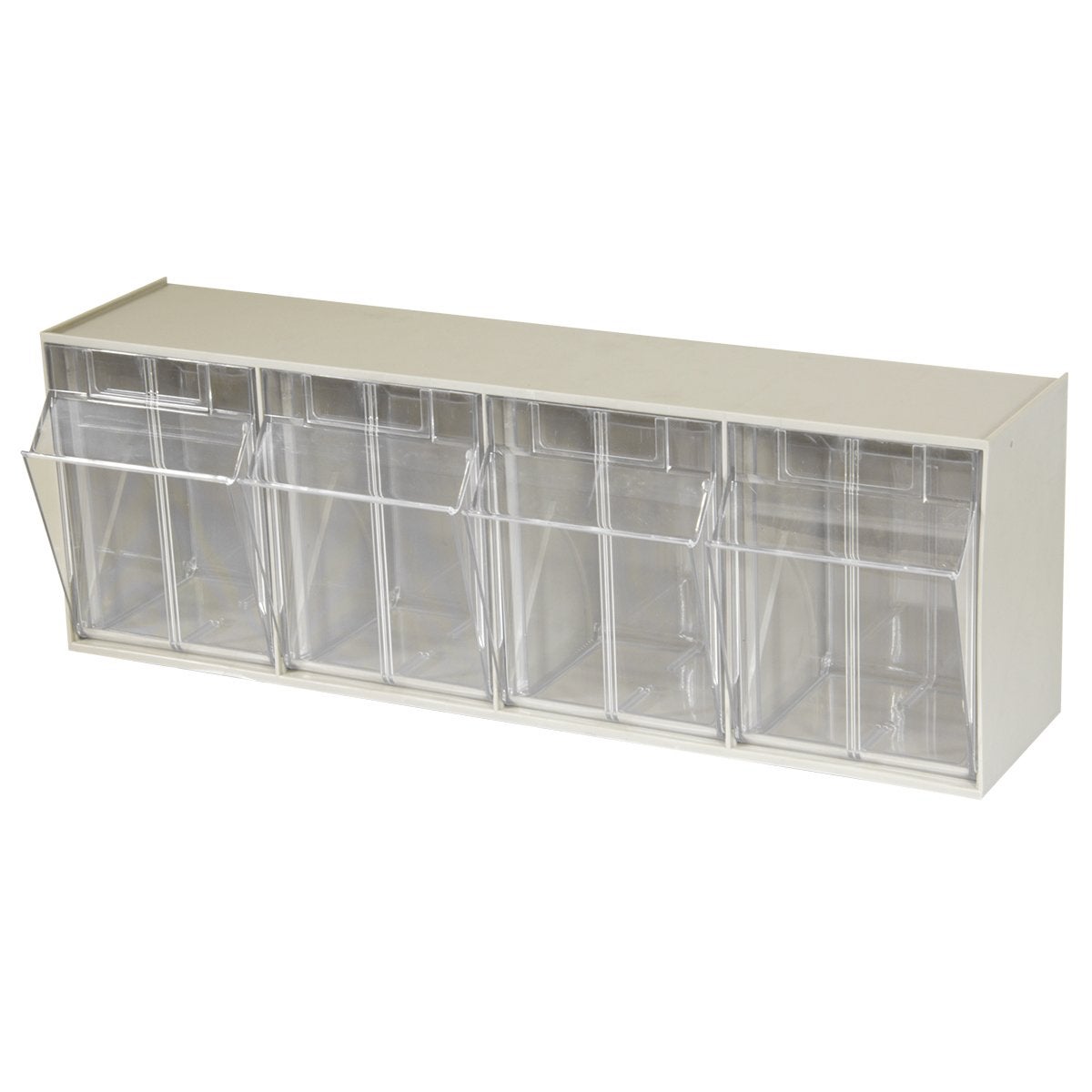Akro-Mils TiltView Plastic Storage Cabinet with 4 Tilt Out Bins, Horizontal Plastic Parts Organizer, Teacher Toolbox, and Office Supply Organizer, 23-5/8" W x 8-3/16" H x 6-3/4" D, Stone